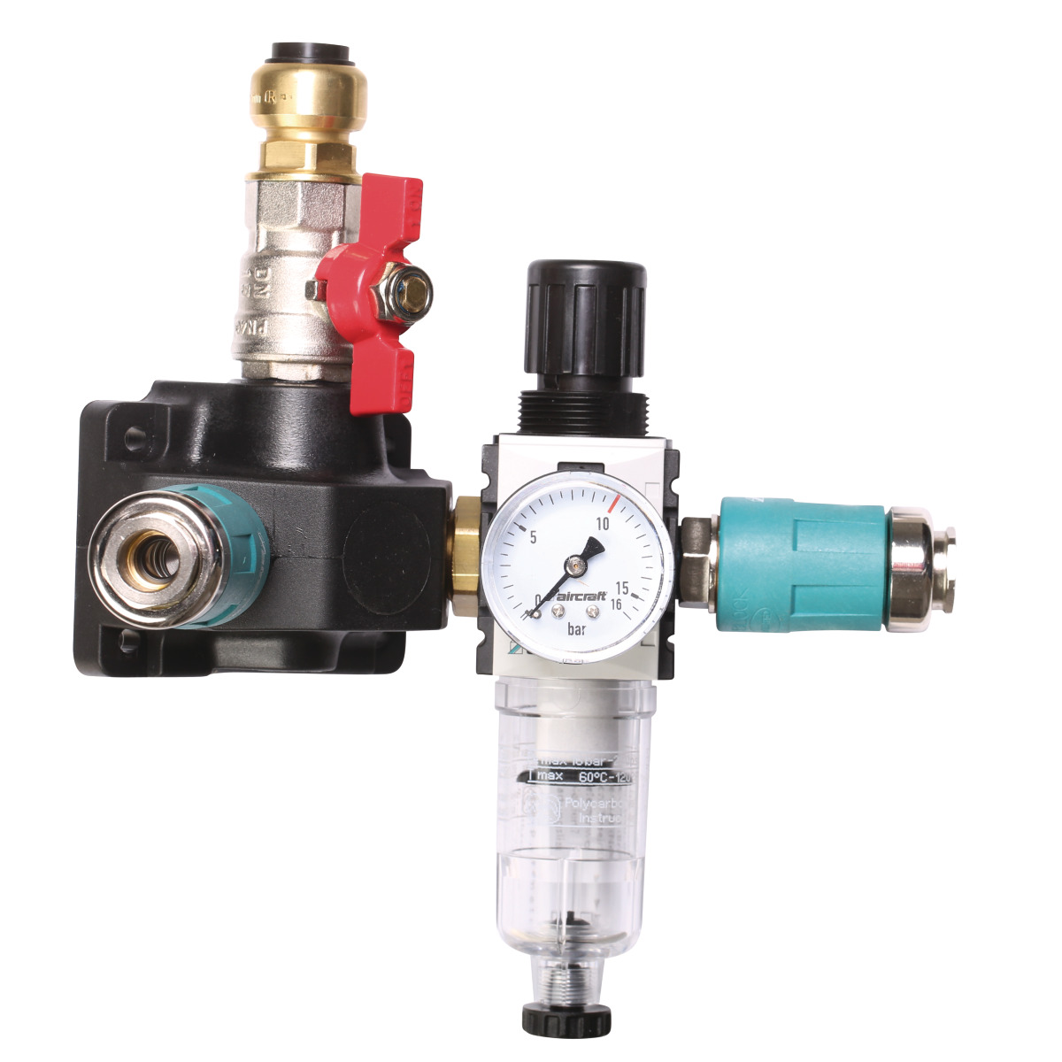 Aircraft Endverteilerdose mit zwei Sicherheitskupplungen, Absperrhahn und Filterdruckregler 12 bar 22 mm -1 Aircraft Endverteilerdose mit zwei Sicherheitskupplungen, Absperrhahn und Filterdruckregler 12 bar 22 mm -1