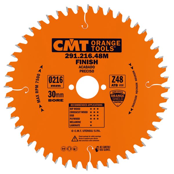 CMT Orange Kreissägeblätter für Querschnitte - D216x2,8 d30 Z48 HW -5°Neg -1