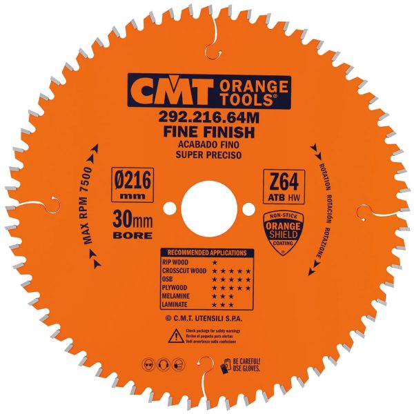 CMT Orange Kreissägeblätter für Querschnitte, für Handkreissägen - D216x2,8 d30 Z64 HW -5°Neg -1
