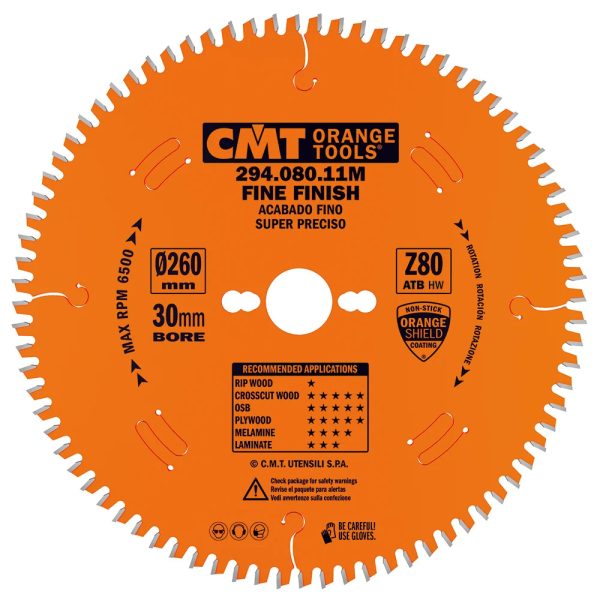 CMT Orange Kreissägeblätter für Querschnitte, für Handkreissägen - D260x2,5 d30 Z80 HW -5°Neg -1