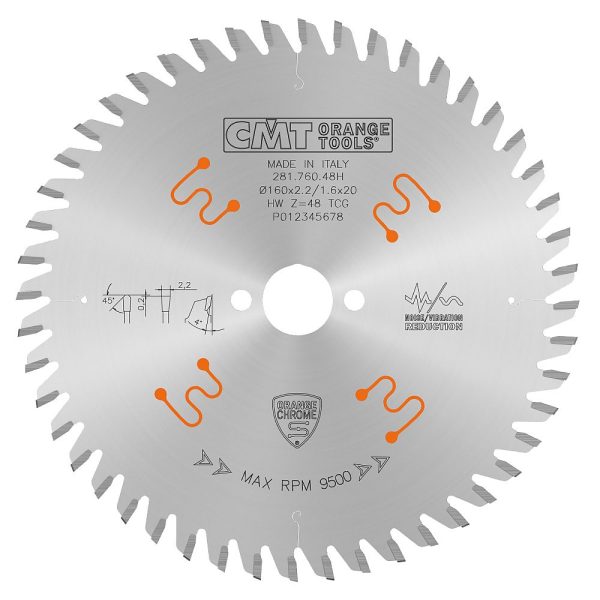 CMT CHROME Industrial geräuschgedämpfte Kreissägeblatt aus Chrom mit Trapezzahn für Spanholz und MDF - D160x2,2 d20 Z48 HW -1