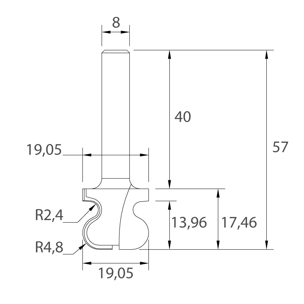 M141 Griffleistenfräser - R2,4-4,8 D19,05x17,46 L57 S=8 HW -4