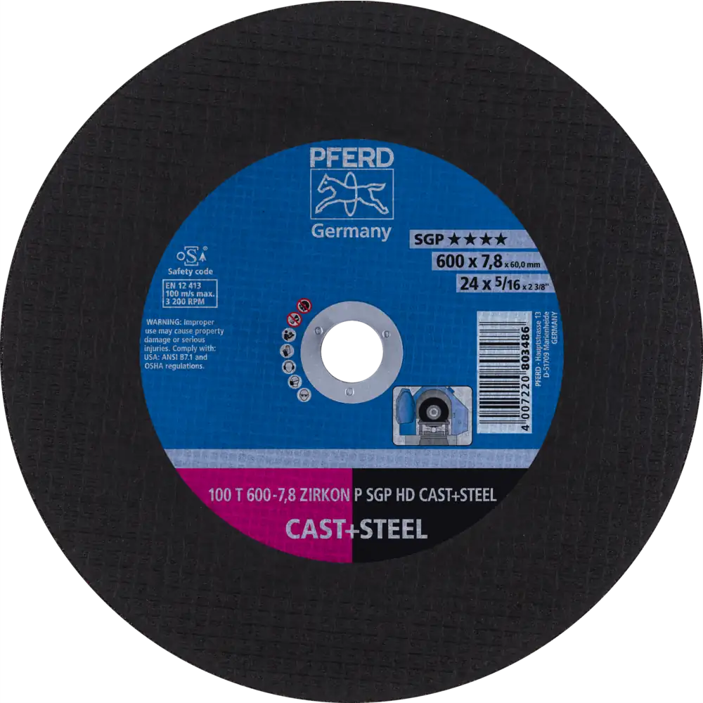 Pferd Tools PFERD TOOLS Stationäre Trennscheibe T 600x7,8x60mm "mittelhart" HD CAST+STEEL für Guss/Stahl 100m/s-1 Product picture Primär-Darstellung