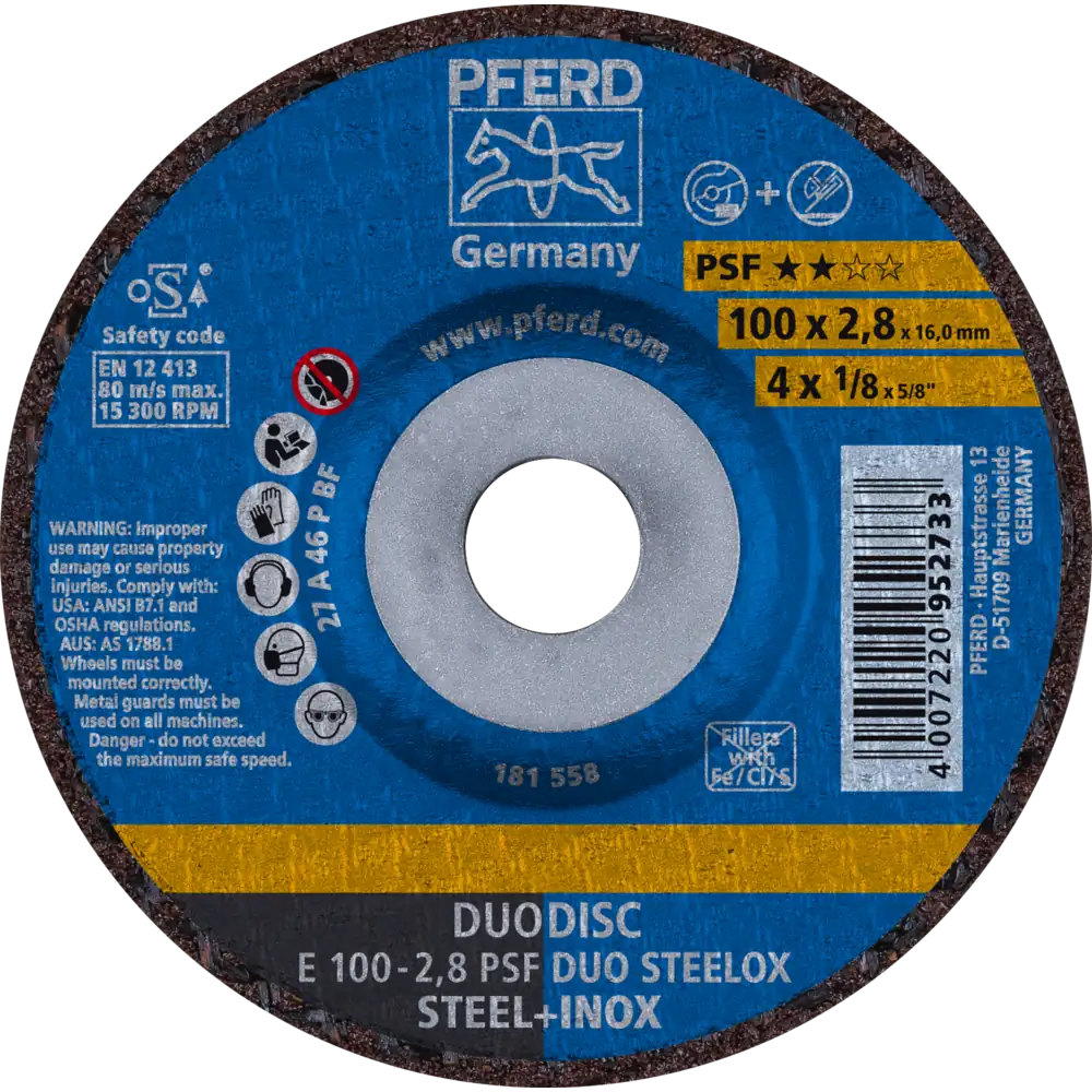 Pferd Tools PFERD TOOLS DUODISC Trenn-/Schleif. E 100x2,8x16 mm gekr. Uni.-Linie PSF DUO STEELOX f. Stahl/Edelstahl-1 Product picture Primär-Darstellung