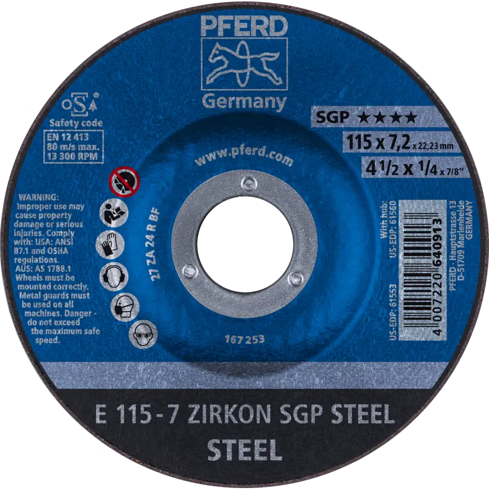 Pferd Tools PFERD TOOLS Schruppscheibe E 115x7,2x22,23 mm ZIRKON Speziallinie SGP STEEL für Stahl-1 Product picture Primär-Darstellung