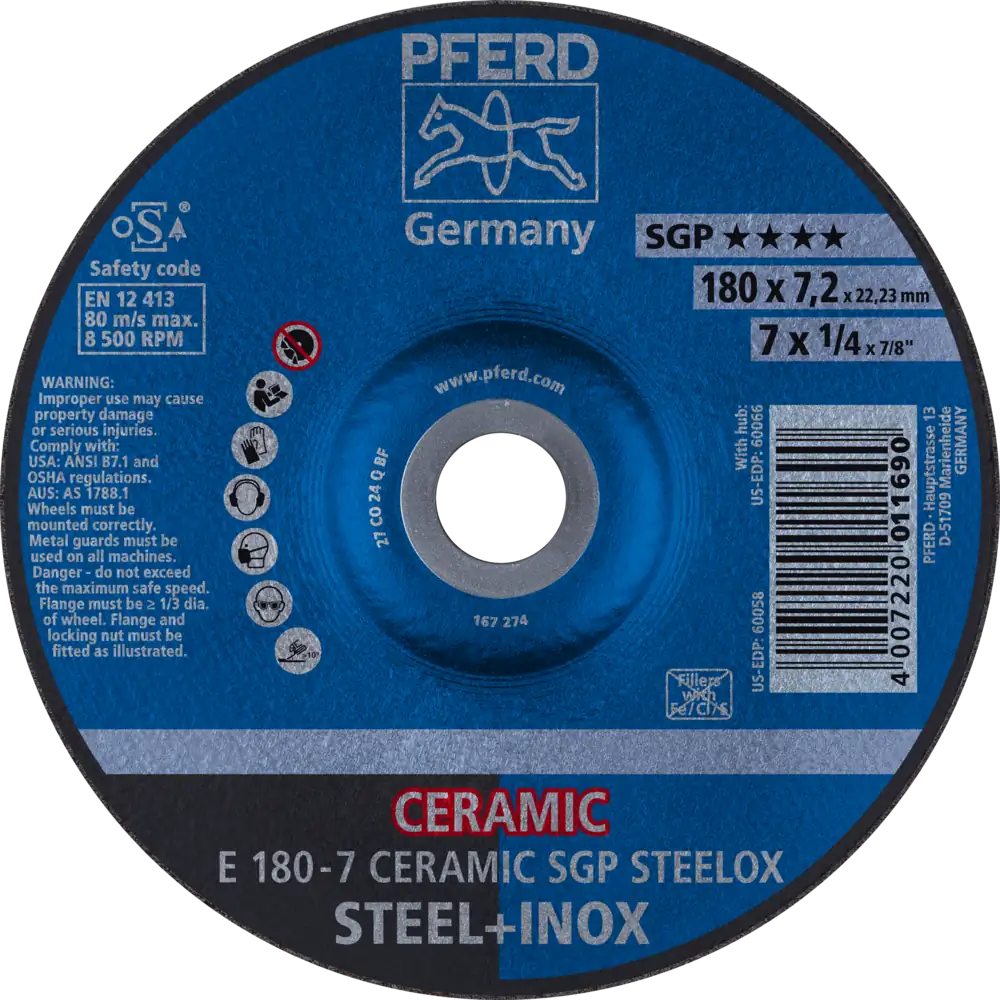 Pferd Tools PFERD TOOLS Schruppscheibe E 180x7,2x22,23 mm CERAMIC Leistungslinie SG STEELOX für Stahl/Edelstahl-1 Product picture Primär-Darstellung