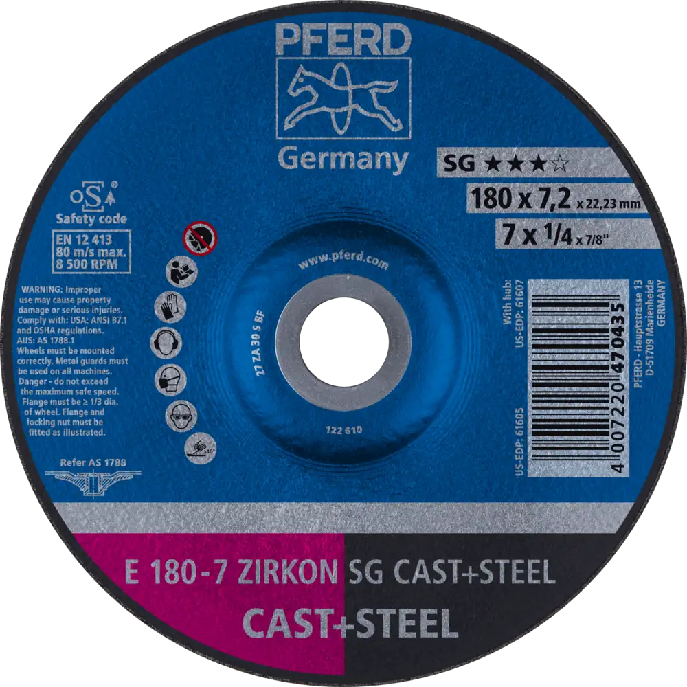 Pferd Tools PFERD TOOLS Schruppscheibe E 180x7,2x22,23 mm ZIRKON Leistungslinie SG CAST+STEEL für Guss/Stahl-1 Product picture Primär-Darstellung