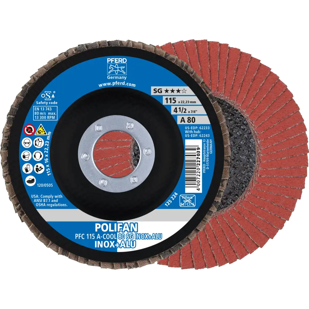 Pferd Tools PFERD TOOLS POLIFAN Fächerscheibe PFC 115x22,23 mm konisch A-COOL 80 SG INOX+ALU Edelstahl/Alu-1 Product picture Primär-Darstellung