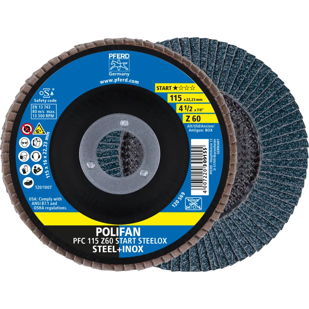 Pferd Tools PFERD TOOLS POLIFAN Fächerscheibe PFC 115x22,23 mm konisch Z60 Startlinie START STEELOX Stahl/Edelstahl-1 Product picture Primär-Darstellung