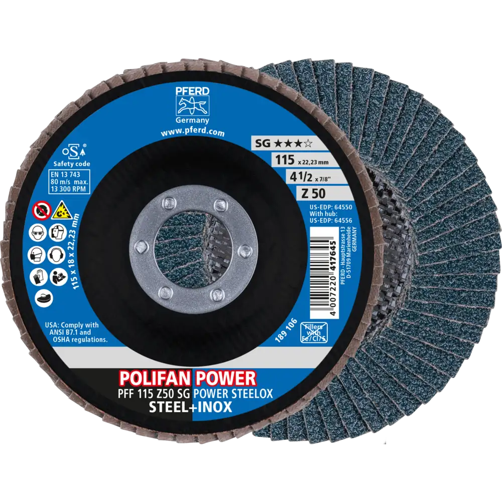 Pferd Tools PFERD TOOLS POLIFAN POWER Fächerscheibe PFF 115x22,23 mm flach Z50 Leistungslinie SG STEELOX für Stahl/Edelstahl-1 Product picture Primär-Darstellung