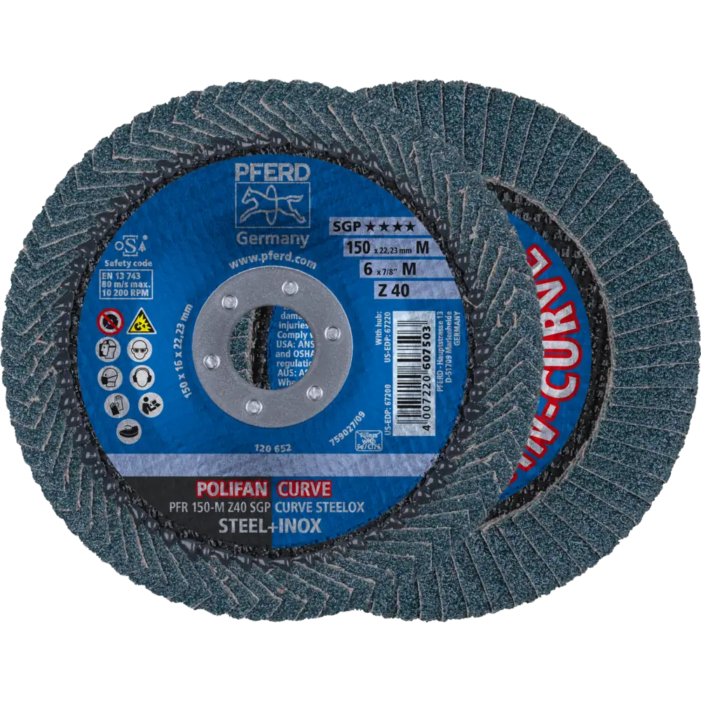 Pferd Tools PFERD TOOLS POLIFAN CURVE Fächerscheibe PFR 150x22,23 mm Breite M Z40 SGP STEELOX für Stahl/Edelstahl-1 Product picture Primär-Darstellung