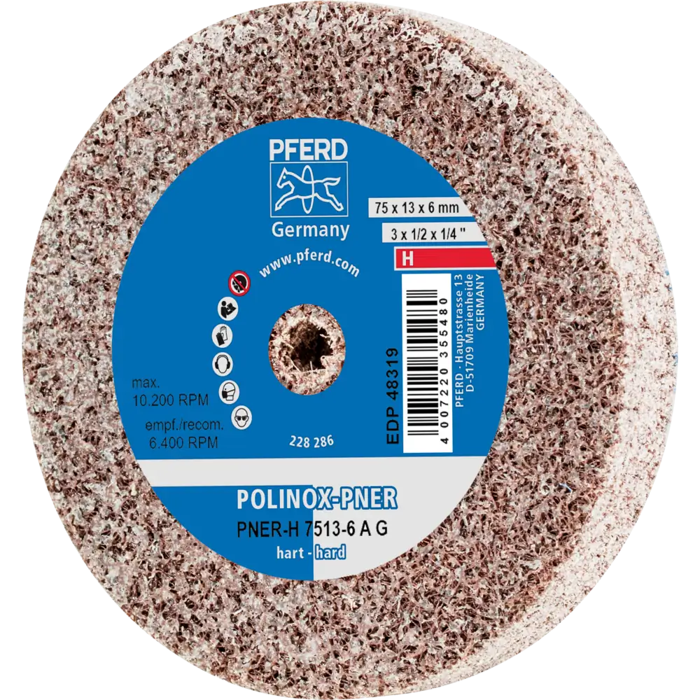 Pferd Tools PFERD TOOLS POLINOX verpresstes Vlies-Rad PNER Ø 75x13 mm Bohrung-Ø 6 mm Hart A Grob für Finish-1 Product picture Primär-Darstellung