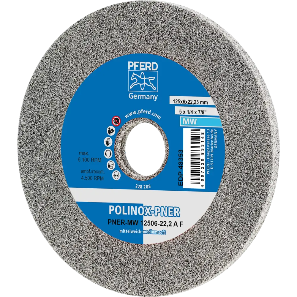Pferd Tools PFERD TOOLS POLINOX verpresstes Vlies-Rad PNER Ø 125x6 mm Bohrung-Ø 22,23 mm Mittelweich A Fein für Finish-1 Product picture Primär-Darstellung