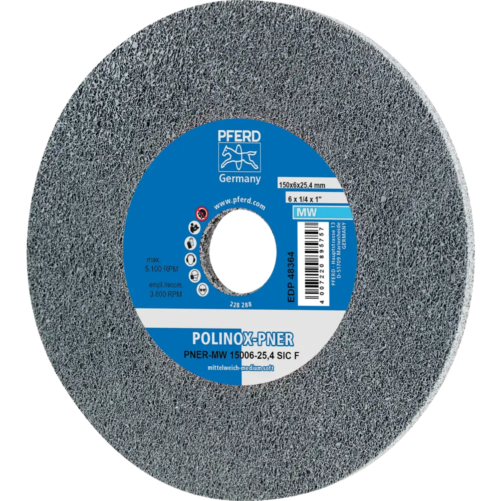 Pferd Tools PFERD TOOLS POLINOX verpresstes Vlies-Rad PNER Ø 150x6 mm Bohrung-Ø 25,4 mm Mittelweich SIC Fein für Finish-1 Product picture Primär-Darstellung