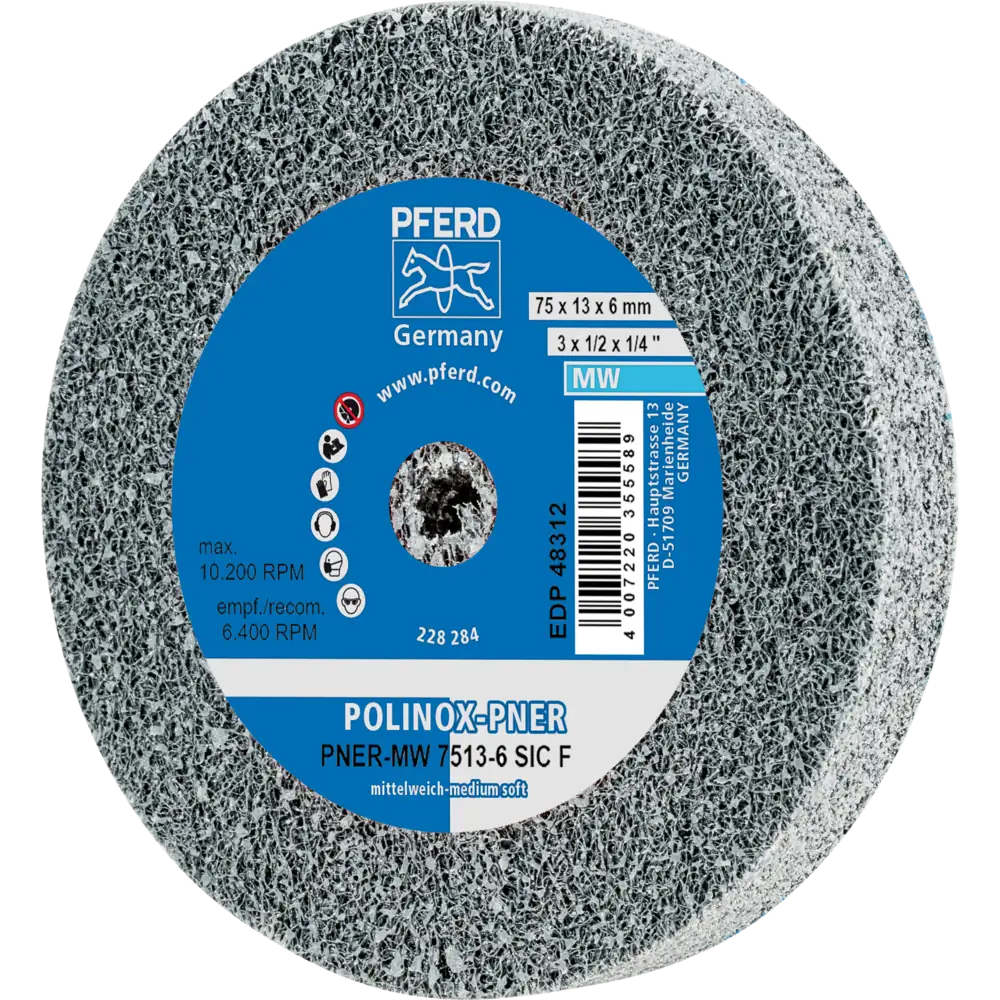 Pferd Tools PFERD TOOLS POLINOX verpresstes Vlies-Rad PNER Ø 75x13 mm Bohrung-Ø 6 mm Mittelweich SIC Fein für Finish-1 Product picture Primär-Darstellung