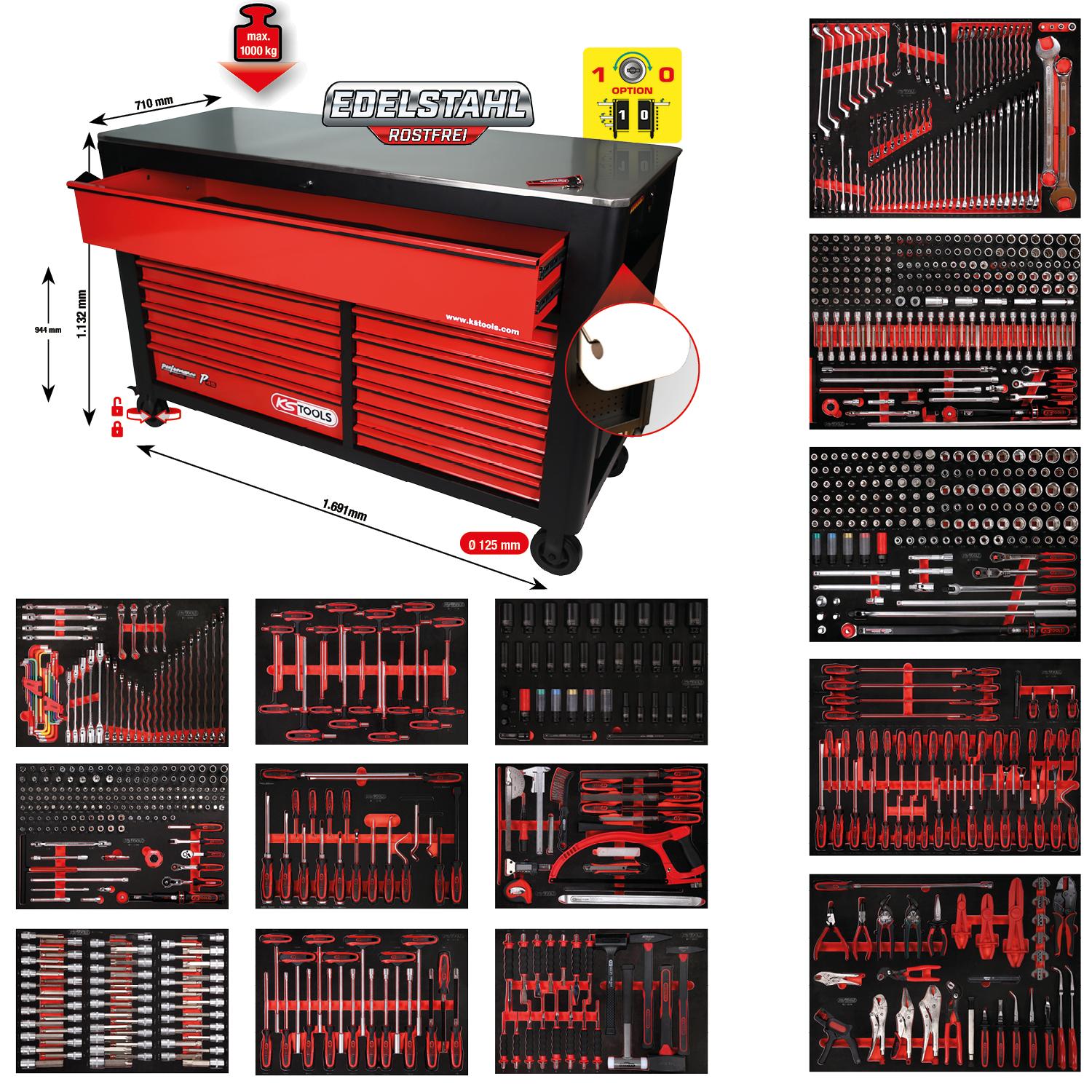 KS Tools Performanceplus Werkstattwagen-Satz P45 mit 950 Werkzeugen für 13 Schubladen-1 Foto Gesamt Allgemein