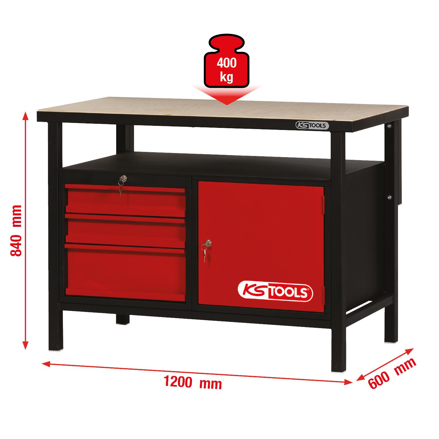KS Tools Werkbank mit 3 Schubladen und 1 Tür, H840xB1200xT600mm-1 Foto Gesamt Allgemein