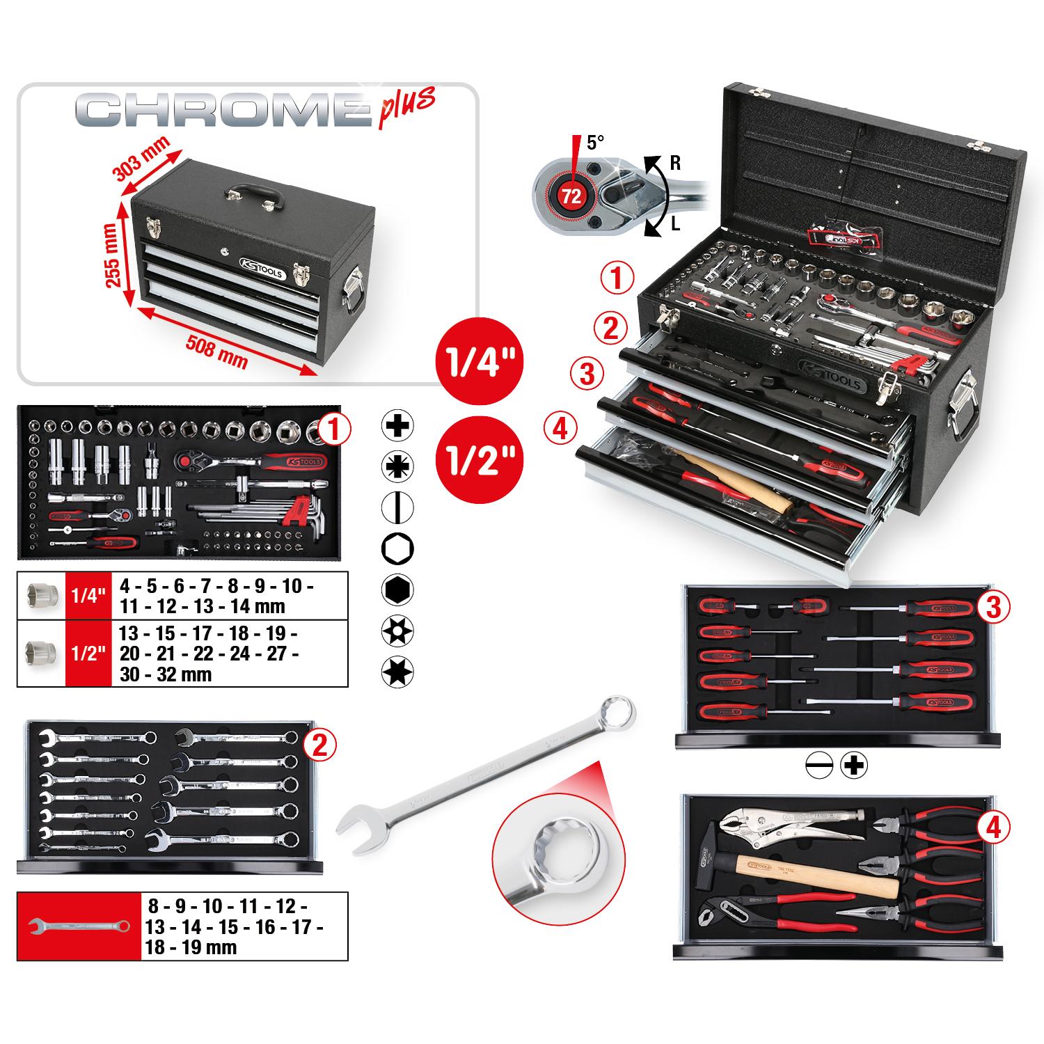 KS Tools 1/4"+1/2" CHROMEplus Universal-Werkzeug-Satz, 99-tlg-1 Foto Gesamt Allgemein
