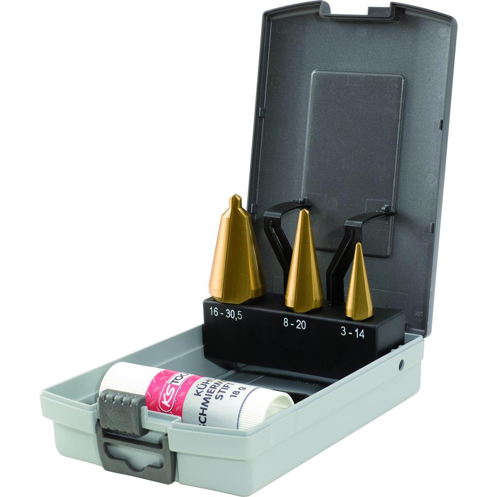 KS Tools HSS TiN Blechschälbohrer-Satz, Kunststoffkassette 4-tlg-1 Foto Produkt Allgemein Bohrer