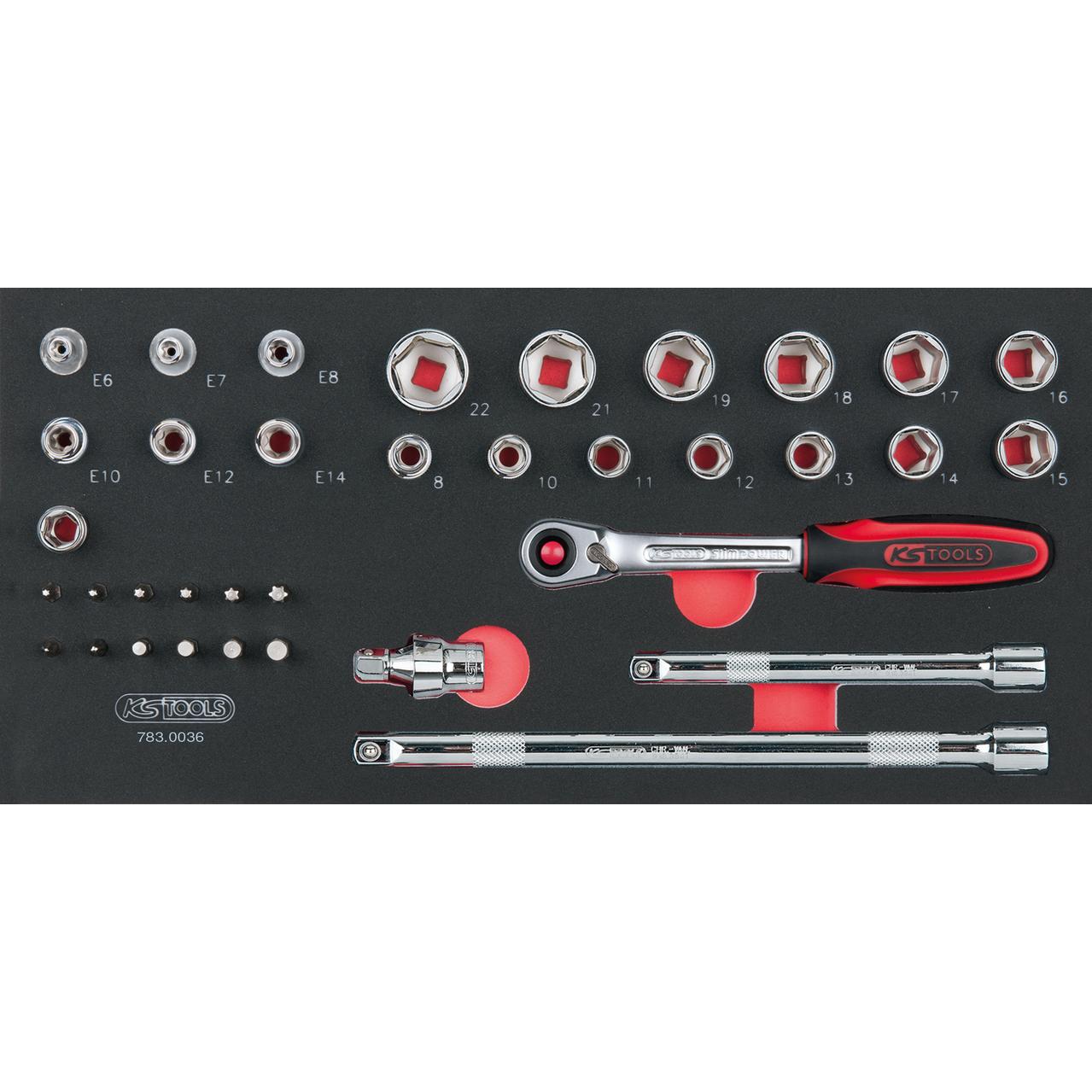 KS Tools SCS CHROMEplus 3/8" Steckschlüssel-Satz, 36-tlg in 1/3 Systemeinlage-1 Foto Produkt Allgemein Werkstatteinrichtung
