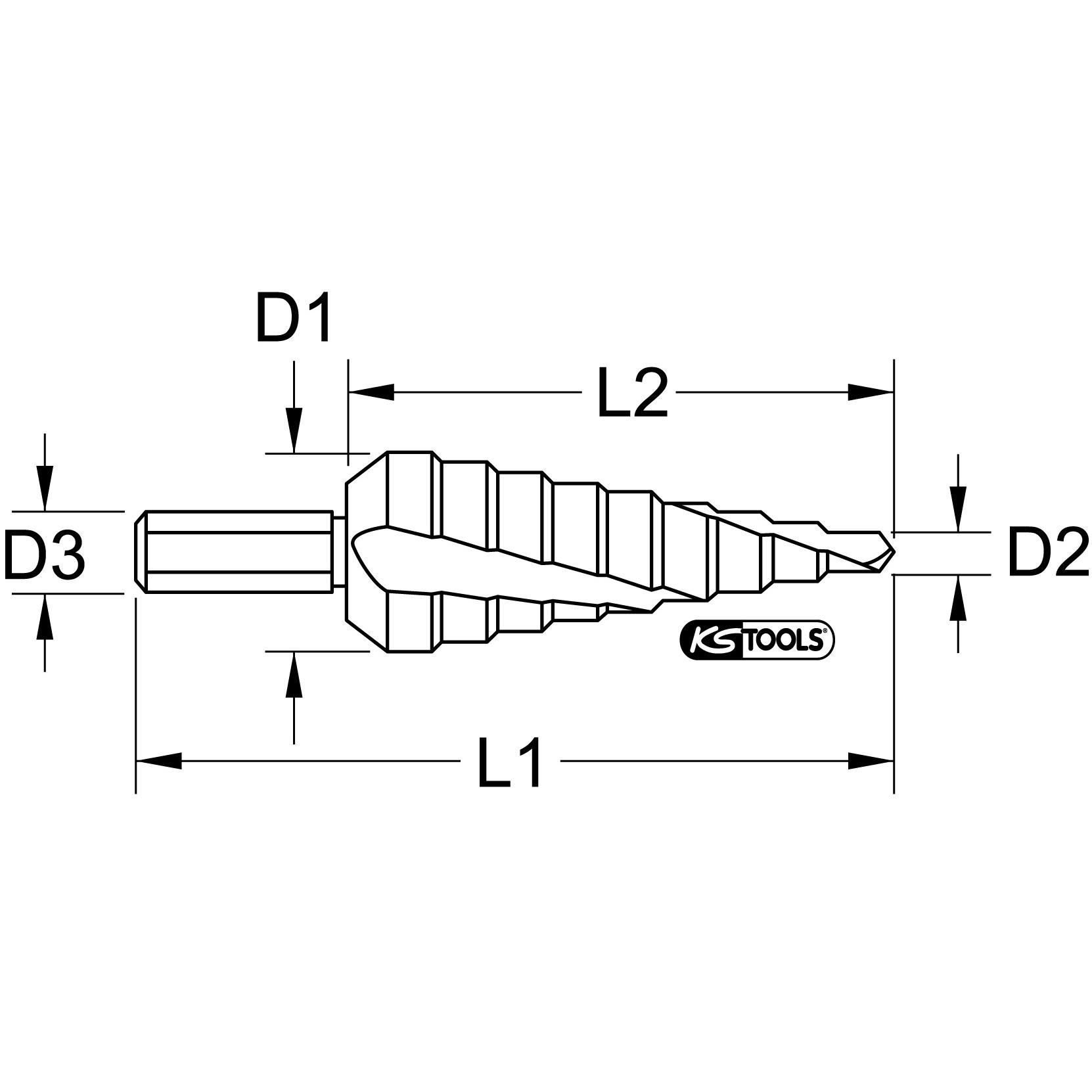 KS Tools HSS Stufenbohrer,Ø 6-38mm, 12 Stufen-3 Technische Zeichnung