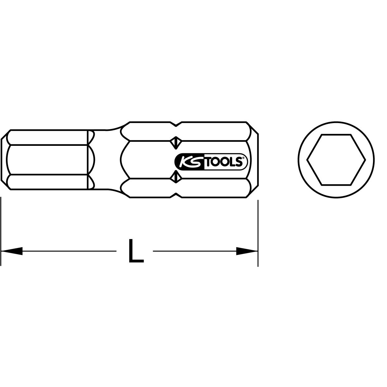 KS Tools 1/4" EDELSTAHL Bit Innensechskant, 25mm, 5mm, 5er Pack-2 Technische Zeichnung