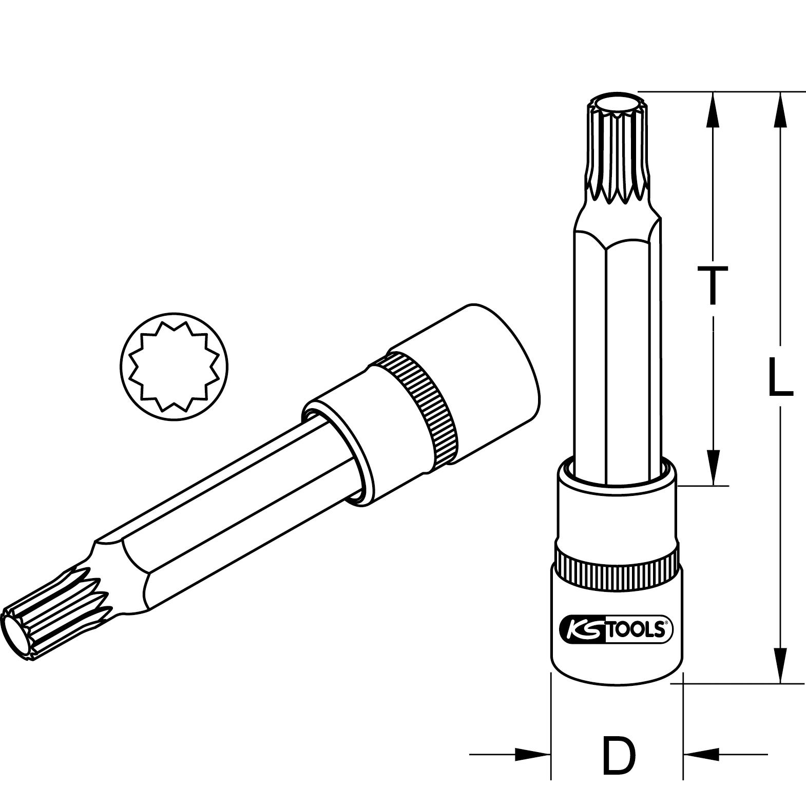 KS Tools 1/2" Bit-Stecknuss XZN, M12, 140 mm-2 Technische Zeichnung