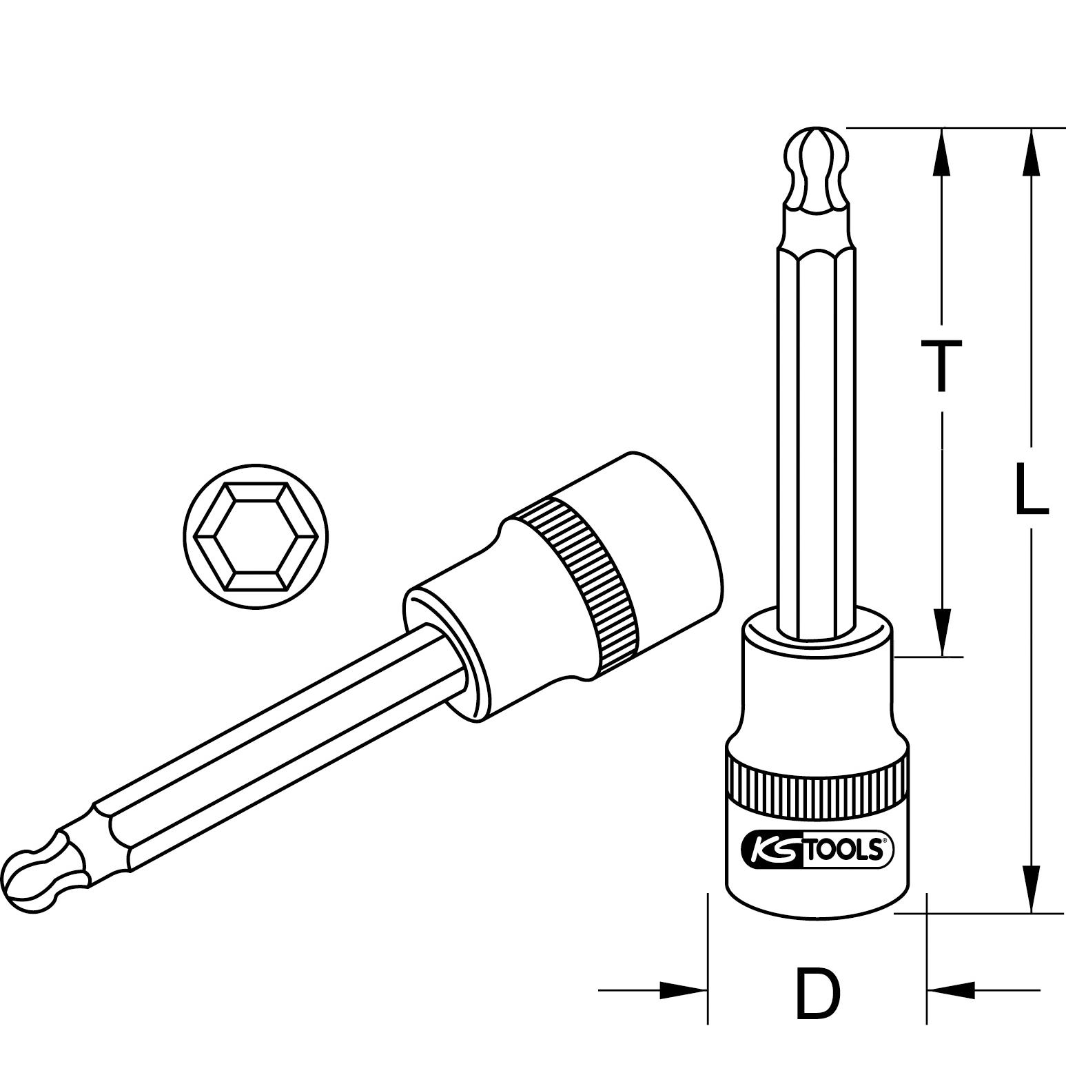 KS Tools 1/2" Bit-Stecknuss Innensechskant mit Kugelkopf, lang, 9mm-2 Technische Zeichnung