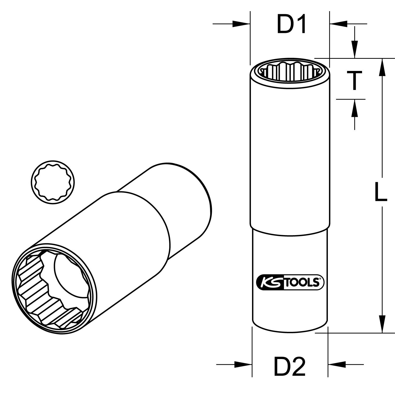 KS Tools 1/2" 12-kant-Stecknuss, lang, 29mm-2 Technische Zeichnung