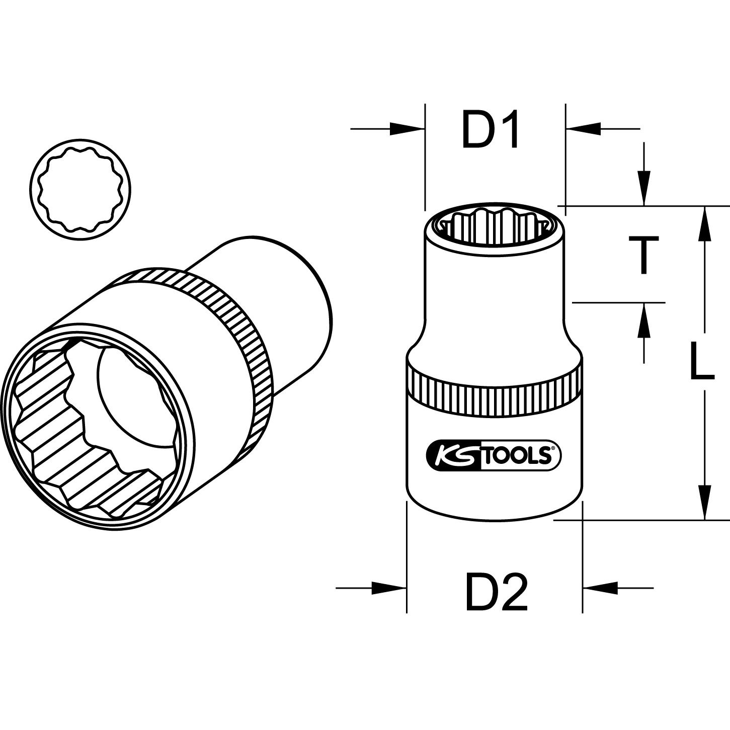 KS Tools 1/2" 12-kant-Stecknuss, 10mm-2 Technische Zeichnung