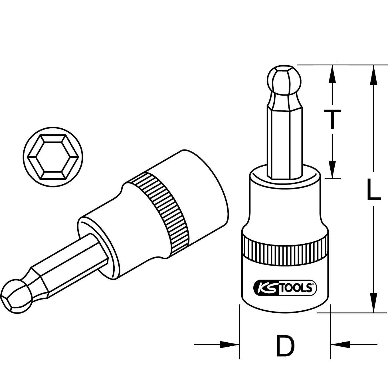 KS Tools 3/8" Bit-Stecknuss Innensechskant mit Kugelkopf, 5mm-2 Technische Zeichnung