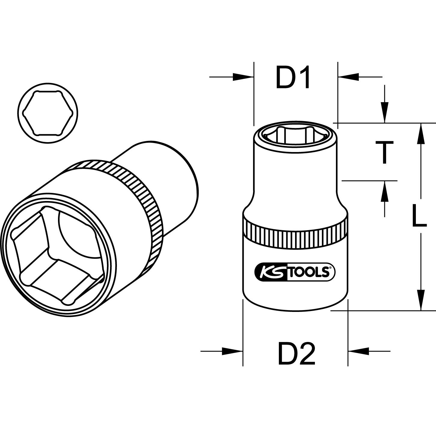 KS Tools 3/8" Sechskant-Stecknuss, 23 mm-2 Technische Zeichnung