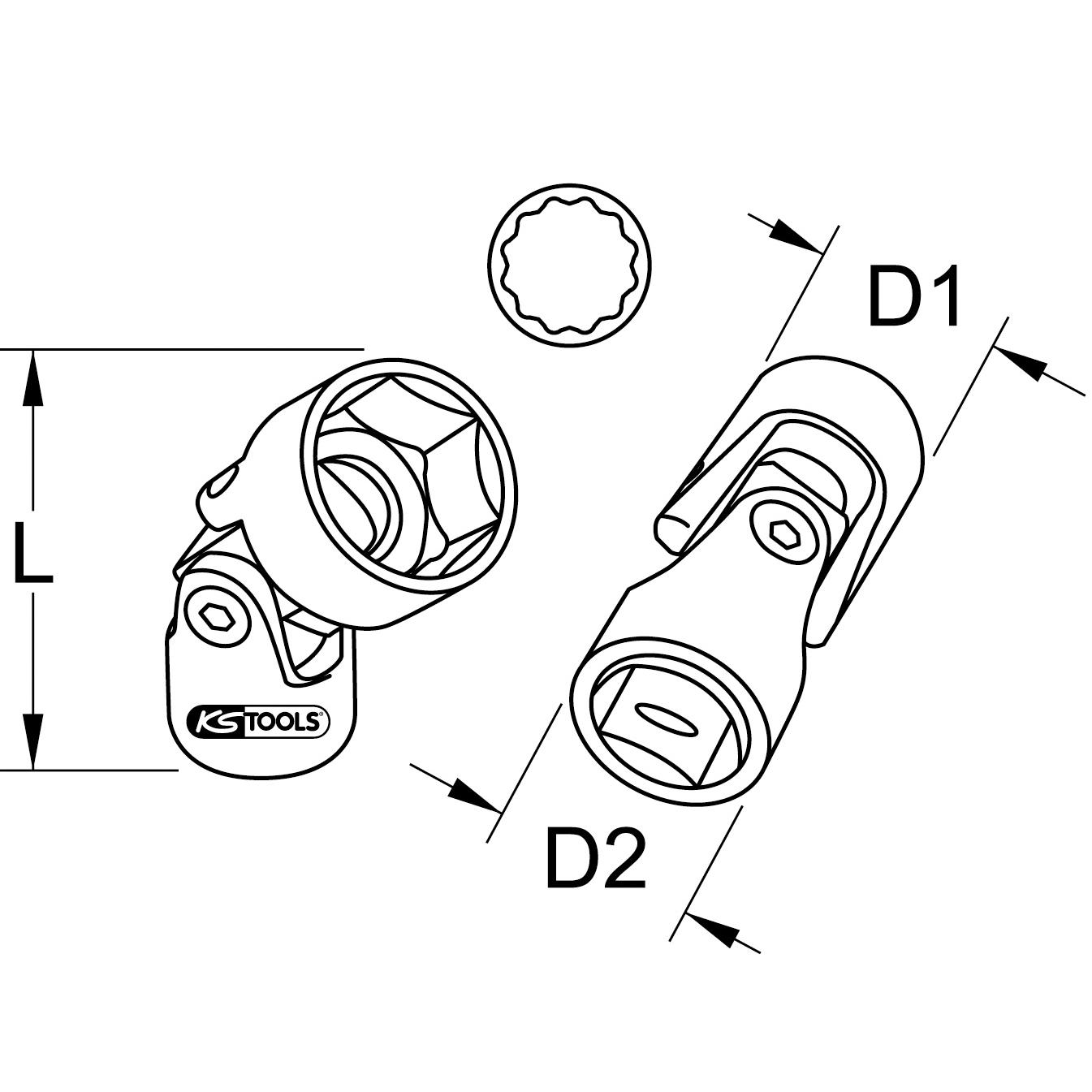 KS Tools 3/8" 12-kant-Stecknuss mit Gelenk, 5/8"-2 Technische Zeichnung