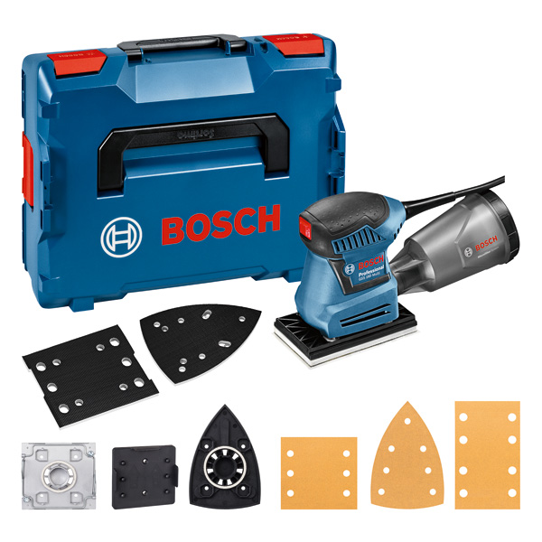 Bosch GSS 160 Multischleifer mit Koffer und Schleiftellern.