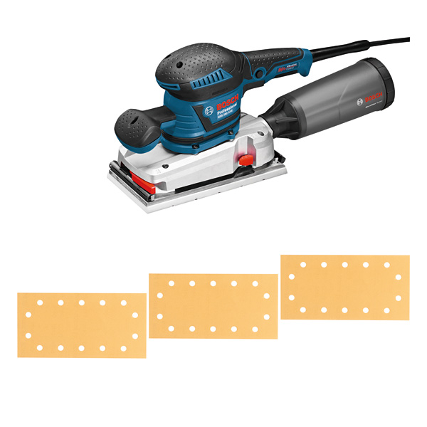 Bosch GSS 280 AVE Exzenterschleifer mit Staubbox und Schleifblättern.